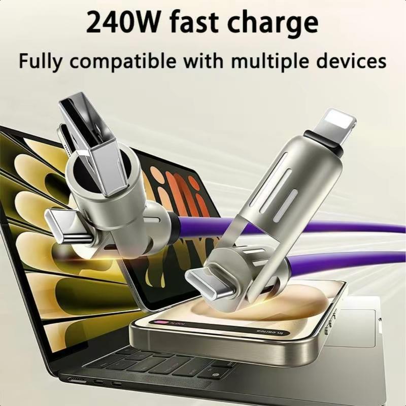  240w 4-in-1 USB c Cable MultiCharger Cable with Breathing Light,PD 5A Multi Fast Charging & DataSync Silicone Compatible for iPhoneSamsung Laptop Multi DeviceCharging, (Purple)