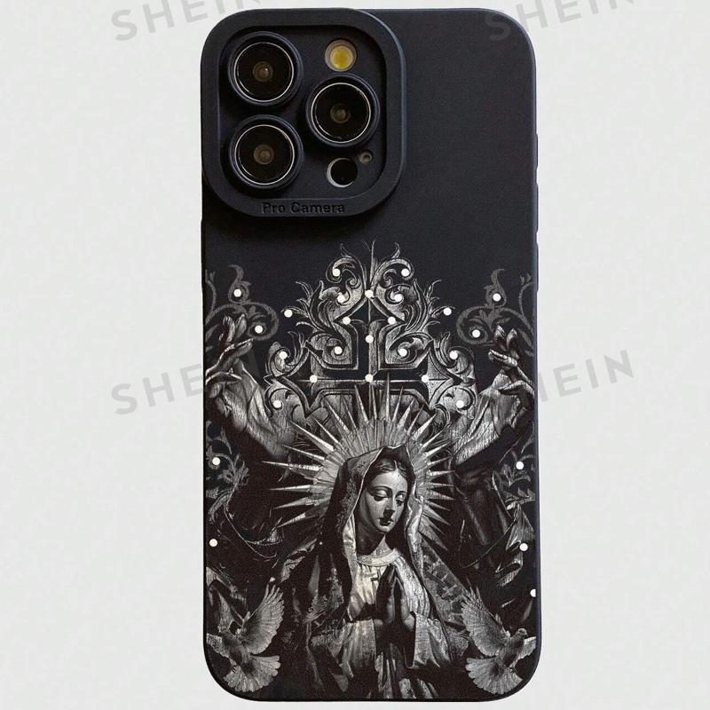 Gothic-Style Guadalupe Pattern Phone Case, Anti-drop Shockproof Phone Protective Cover, Phone Accessory Compatible with iPhone 11 12 13 14 15 Pro Max