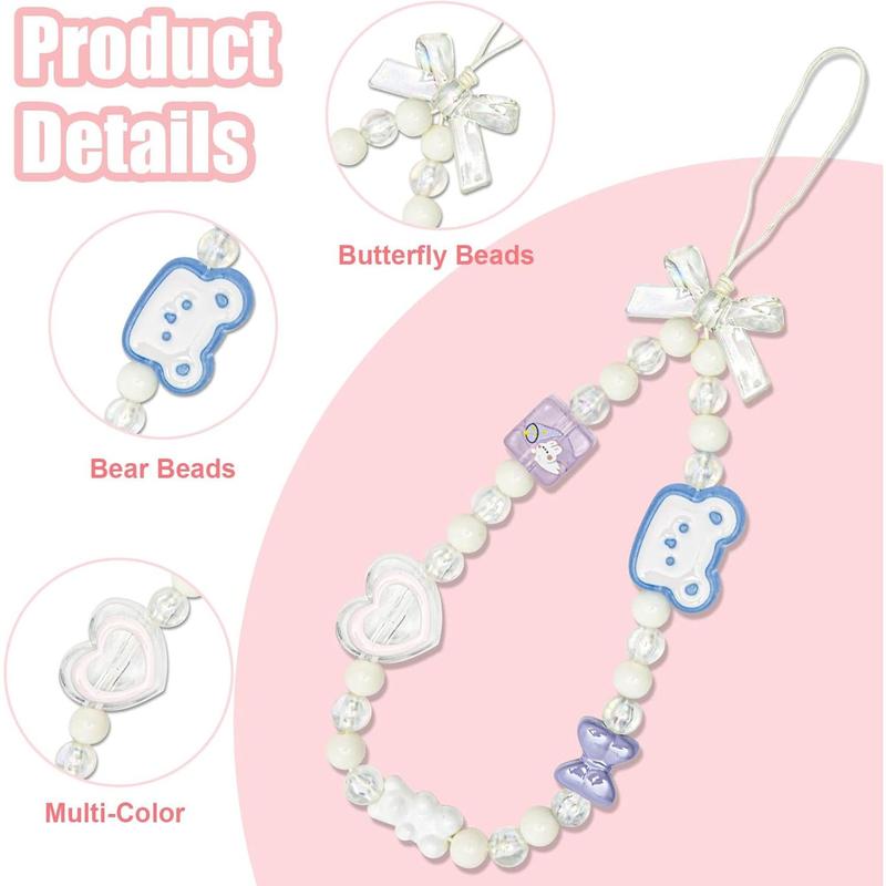 4pcs Beaded Phone Charms, 4 Styles Cute Mobile Phone Bracelet Strap Aesthetic Crystal Cell Phone String Keychain Bear Flower Bow Phone Chain Wrist Lanyard for Women Girls Phone Accessory