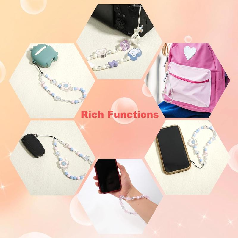 4pcs Beaded Phone Charms, 4 Styles Cute Mobile Phone Bracelet Strap Aesthetic Crystal Cell Phone String Keychain Bear Flower Bow Phone Chain Wrist Lanyard for Women Girls Phone Accessory