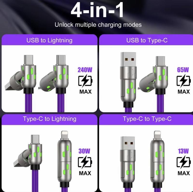  4-in-1 Multi USB Charging Cable with USB A, Type C, Lightning -MAX 240W Fast Charging & Data Sync for iPhone 16 15, iPad Pro, Samsung & Laptops fast charge us cable 4-in-1 fast Breathing Light cable -max