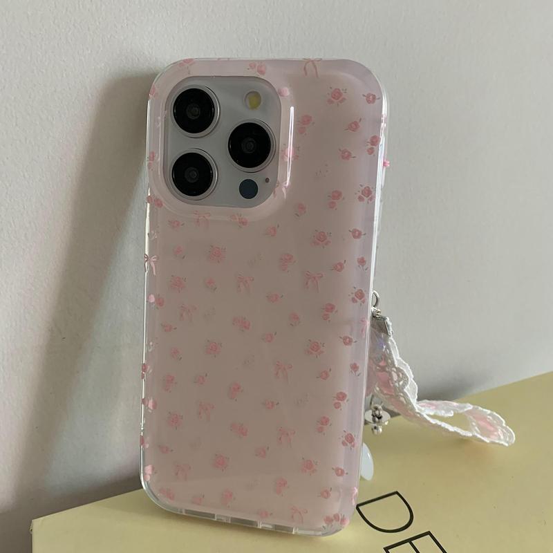 Cute Floral Pattern Phone Case with Wrist Strap, Fashion Phone Protective Case, Phone Accessories Compatible with iPhone 15 14 13 12 Pro Max