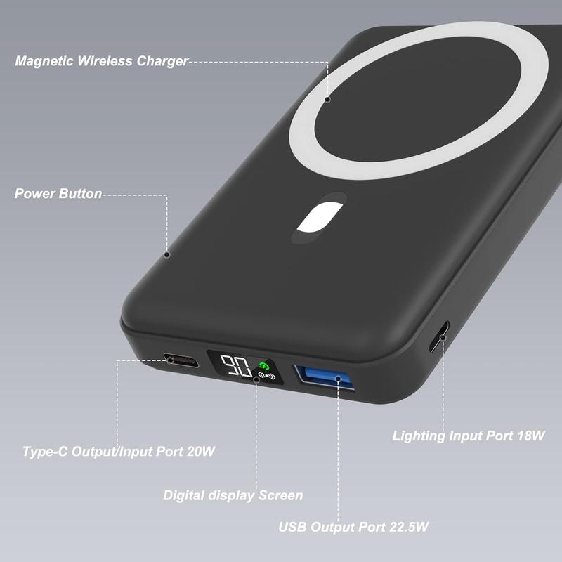 Magnetic Power Bank, 10000mAh Foldable Wireless Portable Charger with USB-C Cable LED Display, Mag-Safe Battery Pack 22.5W PD Fast Charging for iPhone 16 15 14 13 12 Pro Pro Max Plus Mini