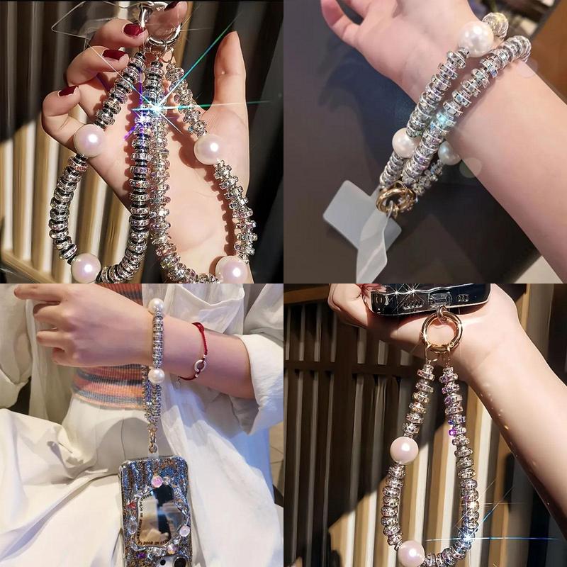 Artificial Rhinestone & Faux Pearl Decor Phone Chain with Phone Tether Tab, Anti-lost Phone Lanyard, Fashion Phone Strap for Women & Girls, Phone Decoration