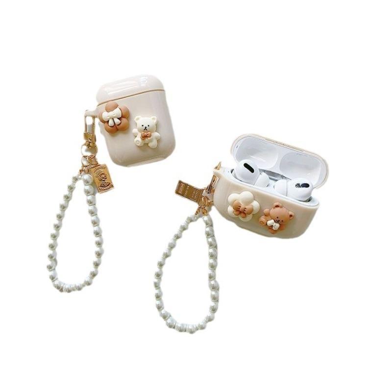 Cute Bear & Bowknot Design Earphone Case with Keychain, Decorative Earphone Protector Cover, Earphone Accessories Compatible with AirPods