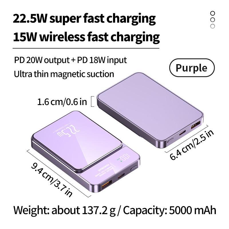 Magnetic Wireless Power Bank, 22.5W Super Fast Charging Power Bank with LED Display, Outdoor Emergency Backup Battery Pack for iPhone 15 14 13 12