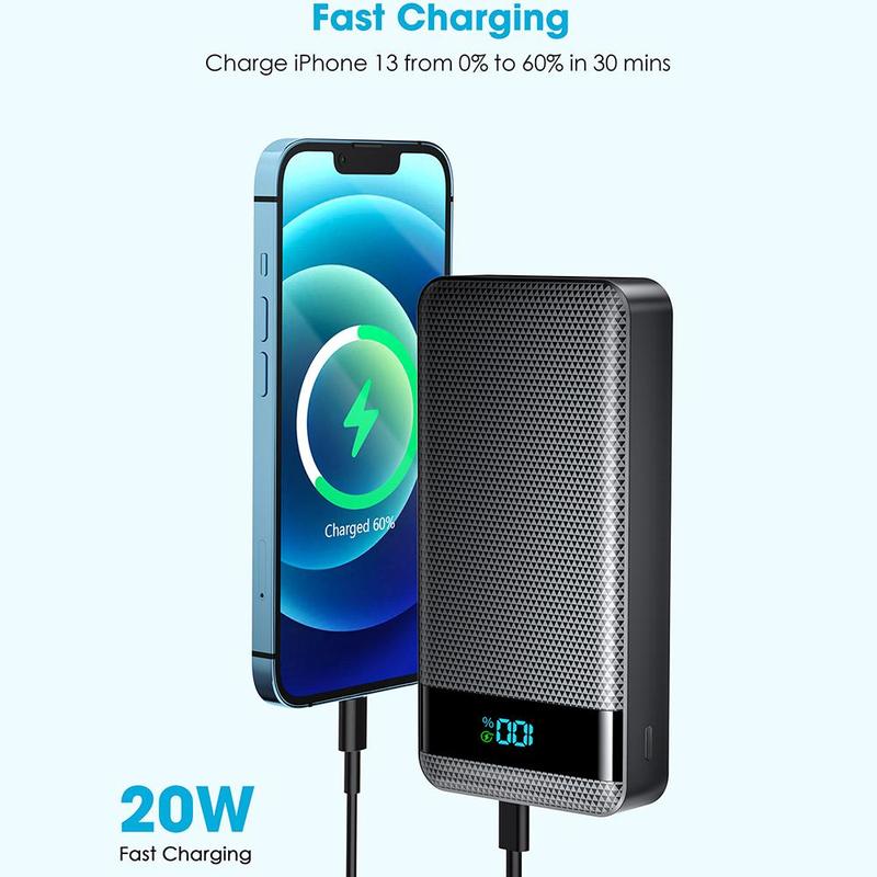 20000mAh Portable Large Capacity Power Bank, PD20W PD3.0 QC4.0 USB C Output Input Fast Charging with LED Digital Display Screen, Compatible with iPhone, Galaxy, iPad and Other Devices, Smartphone Accessories, Stocking Fillers Gift