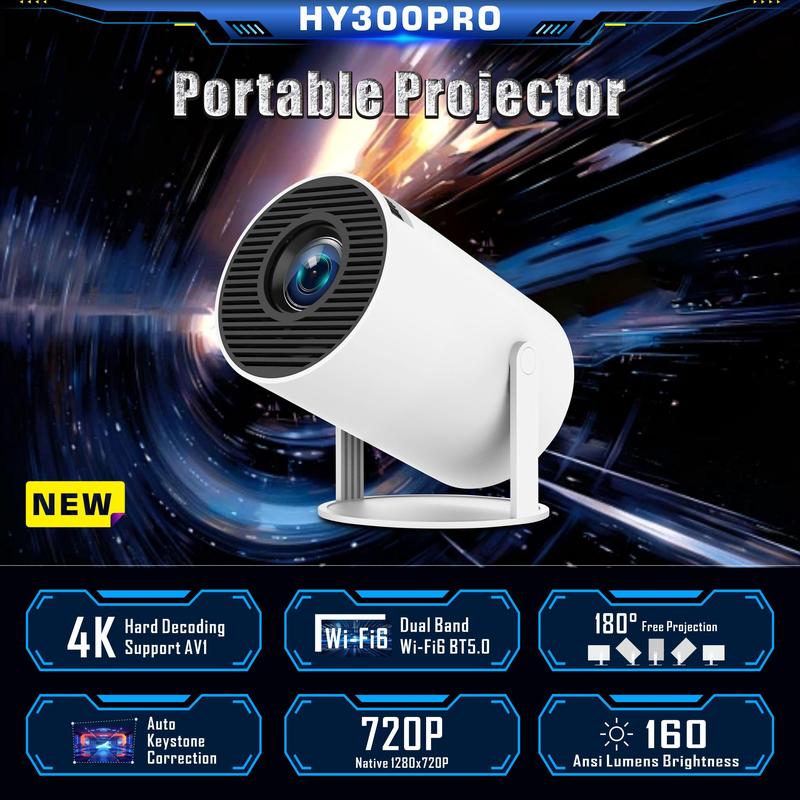 Mini Projector, Auto Keystone Correction Portable Projector, 4K  200 ANSI Smart Projector with 2.4 5G WiFi, BT 5.0, 130 Inch Screen, 180 Degree Flip, Round Design, Home Video Projector, 10000 Lumen LED 1080P WiFi Bluetooth UHD Home Theater