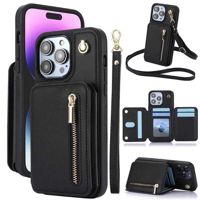 Fall PU Leather Zipper Wallet Phone Cases, Anti-fall Fully Edged Mobile Phone Cases with Lanyard, Shockproof Phone Protective Cover for iPhone 15 Pro Max Cases 14 13 12 iPhone 11 Cases, Cute Phone Cases