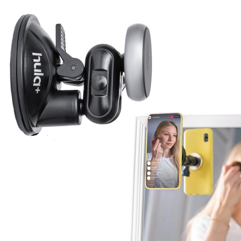 hula+ Magnet Phone Holder Reusable Stand, Portable Mount for Shower, Mirror, Kitchen, Window, & Bathroom Compatible. Compatible with All Phones, Ideal for Content, TikTok, Instagram, Movies & Music