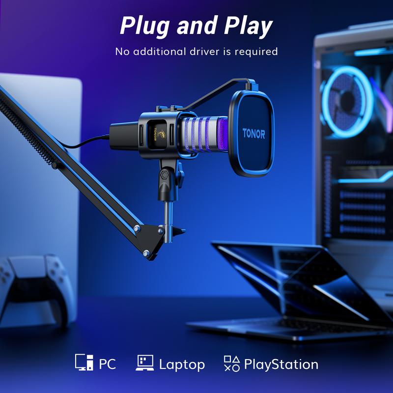 TONOR TC30S+ USB Gaming Microphone, RGB Streaming Microfono Set, PC Podcast Recording Computer Mic for PS4 5, Discord, Twitch, Cardioid Condenser Mic with Adjustable Boom Arm Stand