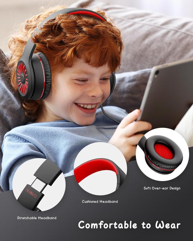 Wired Headphones with Microphone, K16 On-Ear Headphones for Kids with 3.5MM Jack, Foldable Stereo Bass Headphones for Teens School Kindle, Fire, Chromebook, Tablet(Black Red) Black Red Audio Headset Earbud