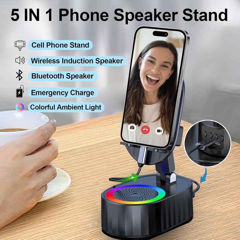 Wireless Induction Audio Bluetooth Speaker 5in1 Phone Holder Emergency Rejected (3000mAh) with Colorful Ambient Light 300 ° Foldable for Tablet iPhone Android, Gifts for Men Women (Black)  Cellphone