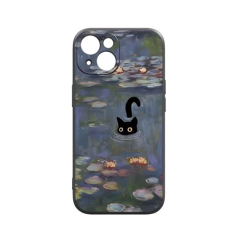 Black Cat & Lotus Pond Pattern Phone Case, Oil Painting Pattern Decorative Phone Protective Cover, Phone Accessories Compatible with iPhone Series