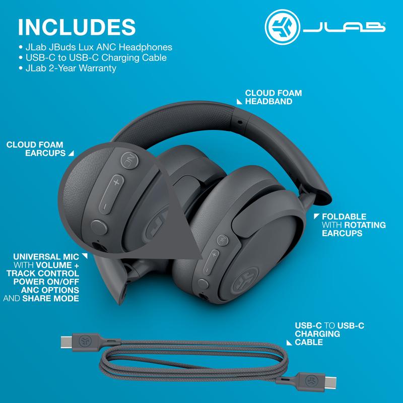 JLab JBuds Lux Active Noise Cancellation Wireless Bluetooth Headphones, Hybrid ANC, Custom EQ, Over-Ear, Be Aware Safety Mode, iPhone   Android earbuds