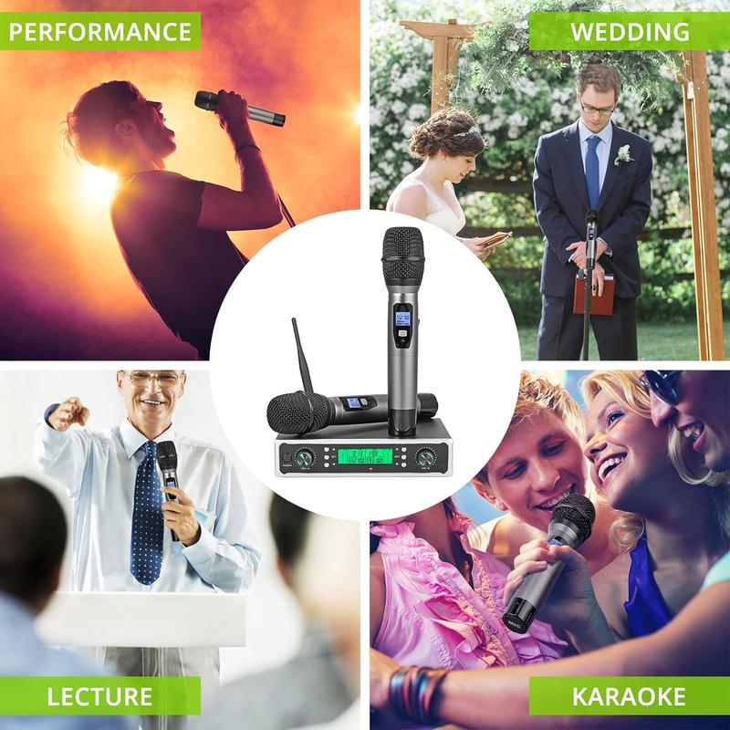 LiNKFOR Wireless Microphone System, Dual Channel UHF Cordless Microphone, 2 * 100 Channels, Portable Handheld Mics, 328ft Transmisson Range, Infrared Pairing, Ideal for Karaoke, DJ, Wedding Audio Amplifier Audio Amplifier Receiver Mother's Day Gift