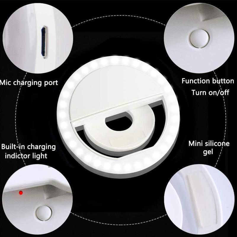 Selfie Ring Light, Rechargeable Portable Clip-on Selfie Fill Light with 36 LED for Phone Android Smart Phone Photography, Camera Video, Girl Makes up (White)