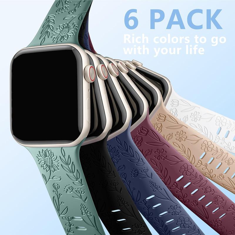 Floral Pattern Sport Watch Protective Band (Only Band), 6 Counts Summer Stylish Smart Watch Band, Wearable Accessories, Replacement Watchband Compatible with iWatch Series 38mm 40mm 41mm 42mm 44mm 45mm 49mm