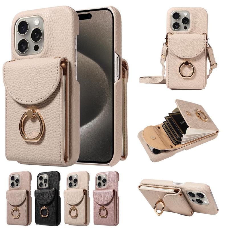 Fashionable Phone Case with Card Bag & Ring Holder & Lanyard, 1 Count Multi-functional Phone Protective Cover, Phone Accessories Compatible with iPhone Series