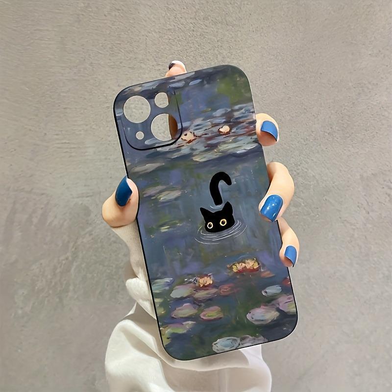 Black Cat & Lotus Pond Pattern Phone Case, Oil Painting Pattern Decorative Phone Protective Cover, Phone Accessories Compatible with iPhone Series