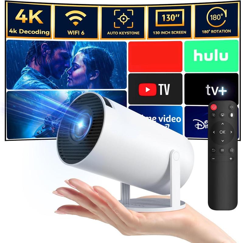 Mini Projector, Auto Keystone Correction Portable Projector, 4K  200 ANSI Smart Projector with 2.4 5G WiFi, BT 5.0, 130 Inch Screen, 180 Degree Flip, Round Design, Home Video Projector, 10000 Lumen LED 1080P WiFi Bluetooth UHD Home Theater