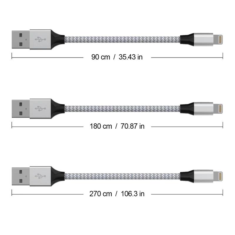 7.5W 2.4A USB-A Data Cable, 3 Counts Portable Durable Nylon Braided USB Phone Charging Cable for iPhone, Phone Charging Accessories