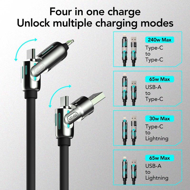 4-in-1 Multi USB Charging Cable withUSBA,Type C, Lightning -MAX 240WFast charging &Data Sync for iPhone16 15, iPad Pro, Samsung &Laptops