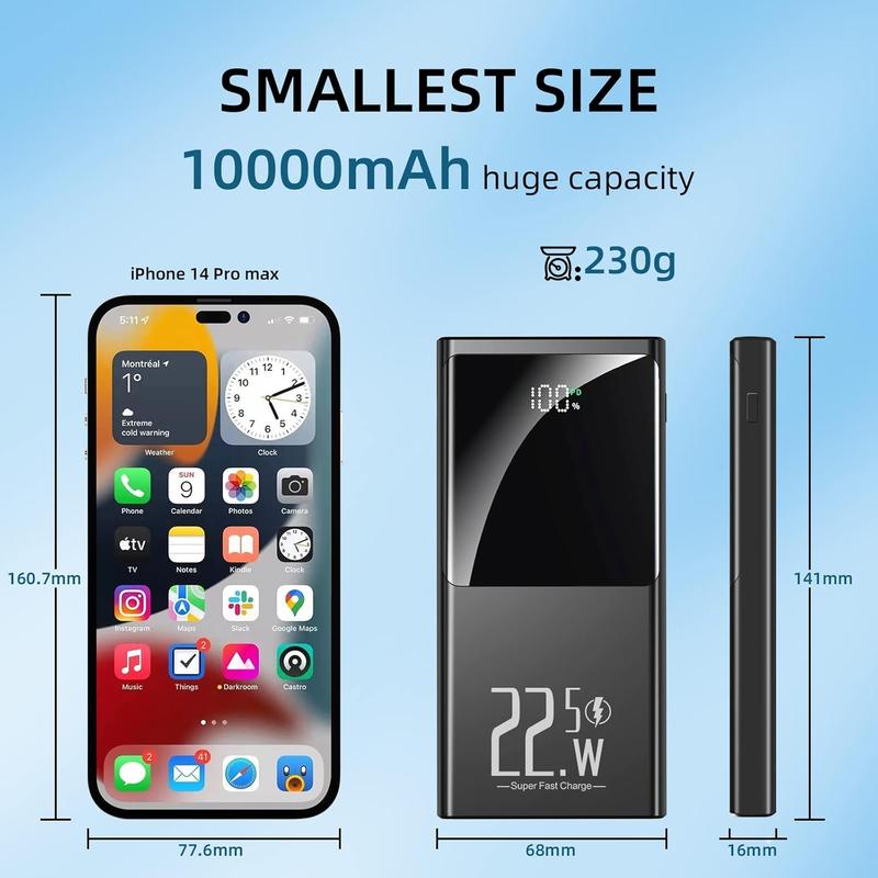 Portable Charger 10000mAh, Power Bank 22.5W Fast Charge, Slim Battery Backup with USB C in Out, LCD Display External Battery Pack Compatible with iPhone 16 15 14 13 12, Samsung, Google, Android etc