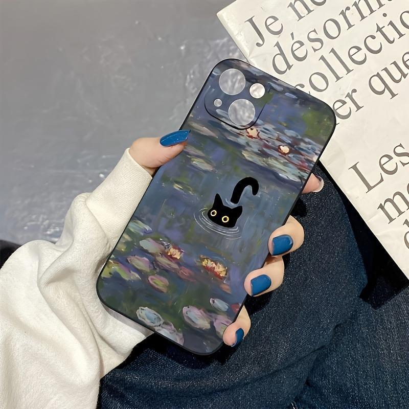 Black Cat & Lotus Pond Pattern Phone Case, Oil Painting Pattern Decorative Phone Protective Cover, Phone Accessories Compatible with iPhone Series