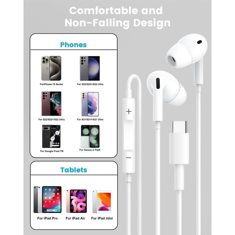 USB C Headphones Type C Wired Earbuds,Ear Headphones Noise Isolating Earbuds with Microphone and Volume Control for Galaxy S23 Ultra S22 S21 FES20,iPad Pro and Most USB C Devices, White