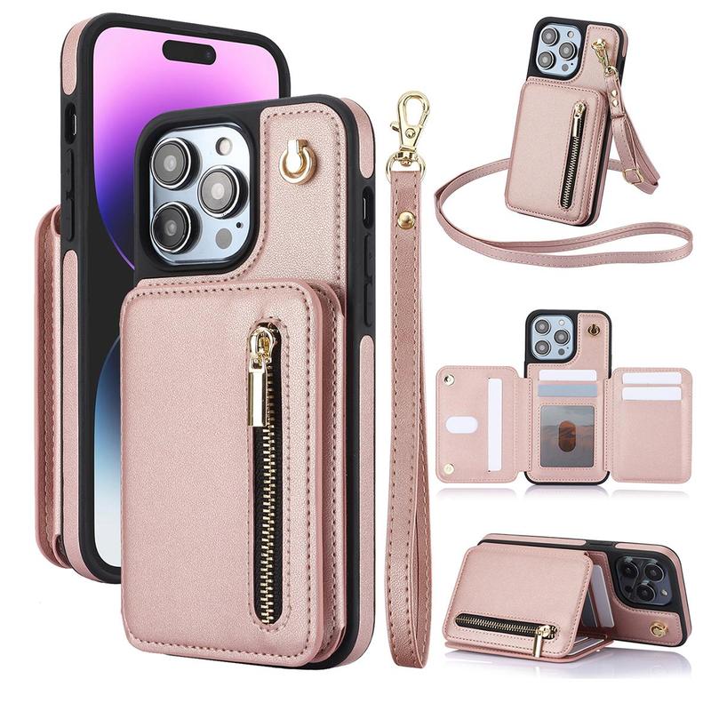 Fall PU Leather Zipper Wallet Phone Cases, Anti-fall Fully Edged Mobile Phone Cases with Lanyard, Shockproof Phone Protective Cover for iPhone 15 Pro Max Cases 14 13 12 iPhone 11 Cases, Cute Phone Cases