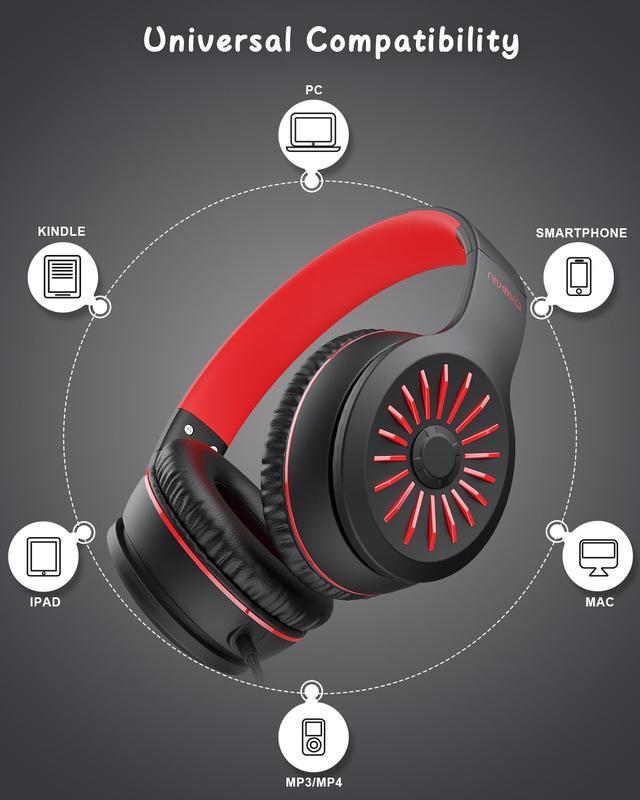 Wired Headphones with Microphone, K16 On-Ear Headphones for Kids with 3.5MM Jack, Foldable Stereo Bass Headphones for Teens School Kindle, Fire, Chromebook, Tablet(Black Red) Black Red Audio Headset Earbud