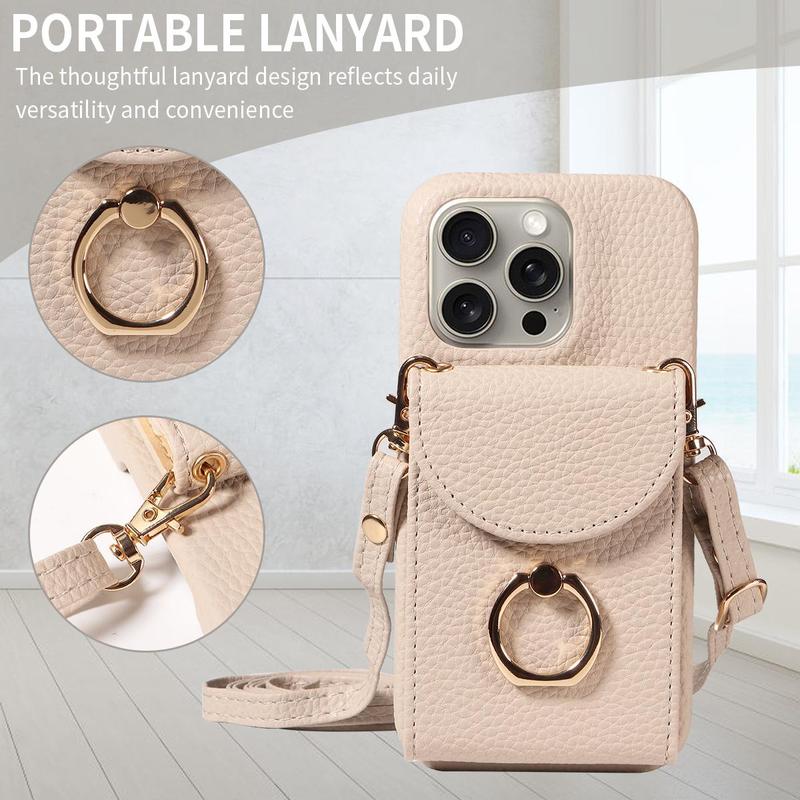 Fashionable Phone Case with Card Bag & Ring Holder & Lanyard, 1 Count Multi-functional Phone Protective Cover, Phone Accessories Compatible with iPhone Series