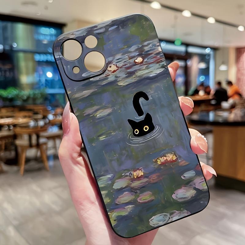 Black Cat & Lotus Pond Pattern Phone Case, Oil Painting Pattern Decorative Phone Protective Cover, Phone Accessories Compatible with iPhone Series