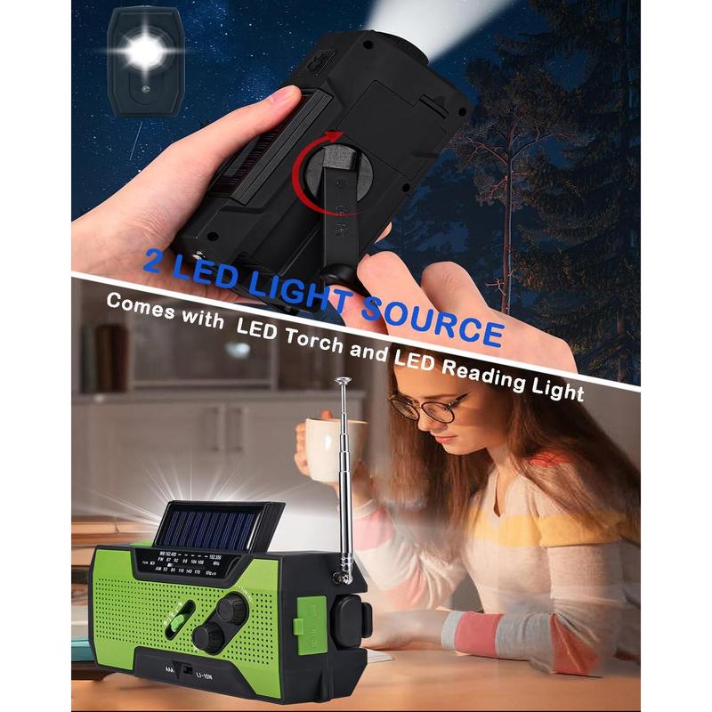 Rechargeable,Emergency Weather Radio, Hand Crank, Portable, Solar Charging, with AM FM NOAA, LED Flashlights, Reading Lamp, SOS Alarm, Rechargeable