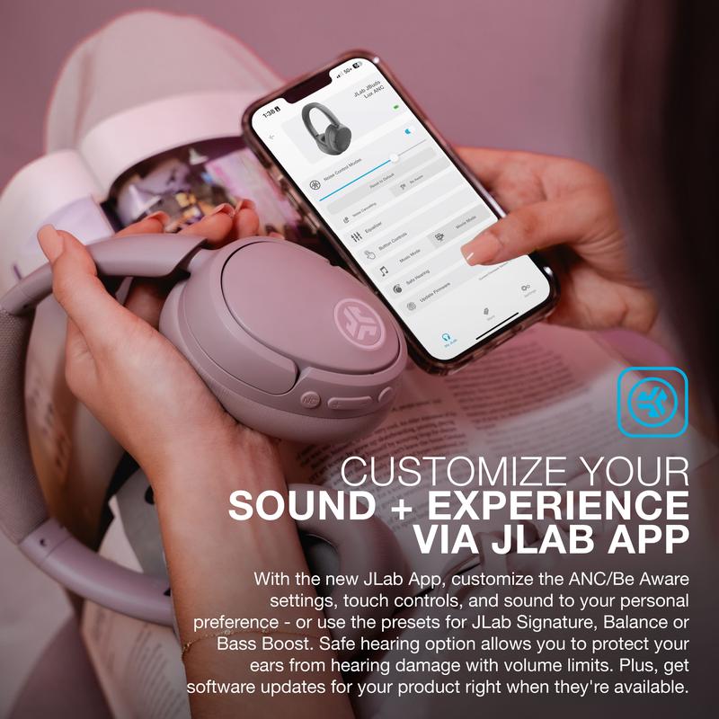 JLab JBuds Lux Active Noise Cancellation Wireless Bluetooth Headphones, Hybrid ANC, Custom EQ, Over-Ear, Be Aware Safety Mode, iPhone   Android earbuds