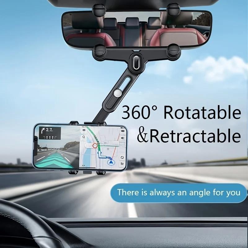 Adjustable Car Phone Holder, 360° Rotatable Rearview Mirror Phone Holder for Car, Retractable Navigator Bracket for Universal Car Mobile Phone Devices