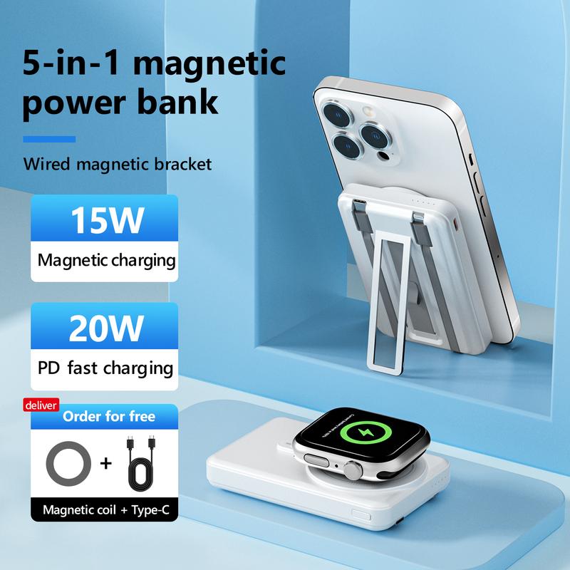 10000mah Multi functional magnetic suction fast charging power bank with holder for smartphone, iphone16, airpods, I -watches Device Wireless Cable Chargeable