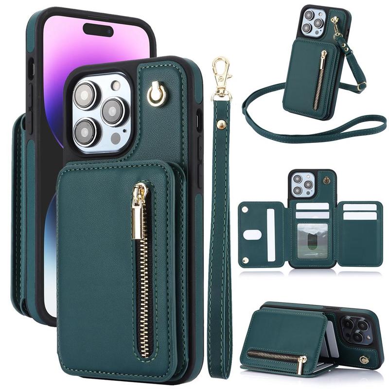 Fall PU Leather Zipper Wallet Phone Cases, Anti-fall Fully Edged Mobile Phone Cases with Lanyard, Shockproof Phone Protective Cover for iPhone 15 Pro Max Cases 14 13 12 iPhone 11 Cases, Cute Phone Cases