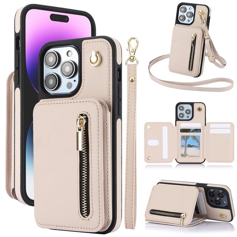 Fall PU Leather Zipper Wallet Phone Cases, Anti-fall Fully Edged Mobile Phone Cases with Lanyard, Shockproof Phone Protective Cover for iPhone 15 Pro Max Cases 14 13 12 iPhone 11 Cases, Cute Phone Cases