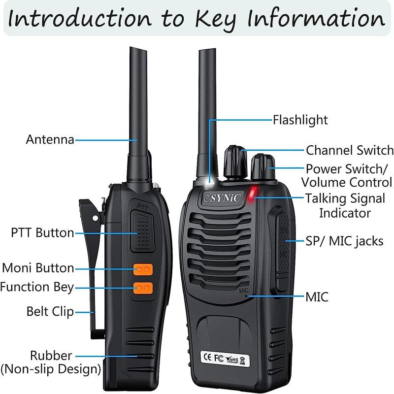 eSynic Professional Rechargeable Walkie Talkies - Long Range 2 Way Radio for Adults with VOX, 16 Channels, LED Light, Original Earpieces, and Portability Audio Portable Mother's Day Gift