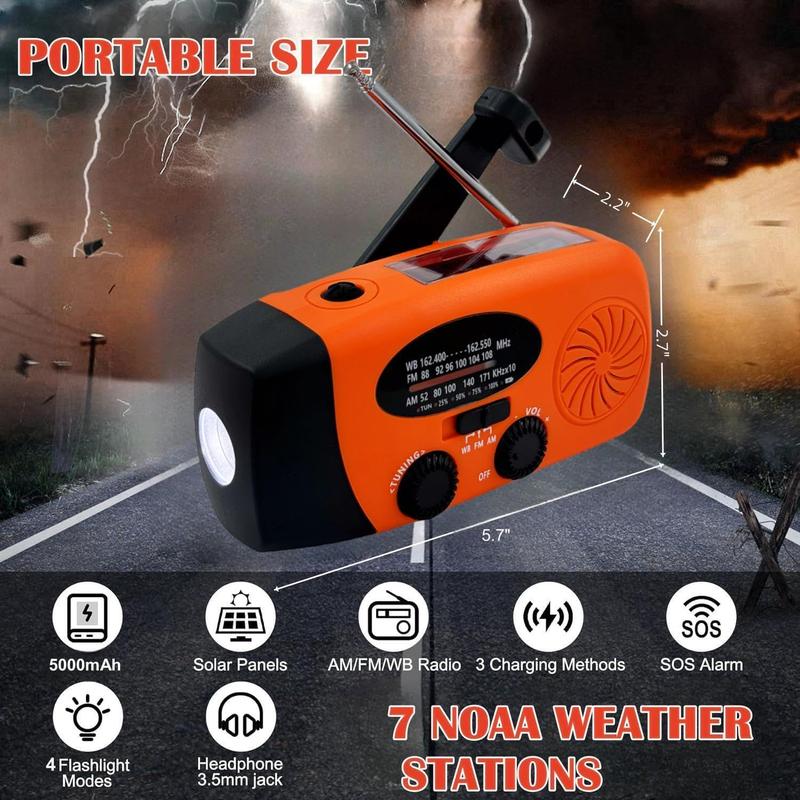 18500mWh Weather Emergency Radio, Portable Solar AM FM NOAA Hand Crank Radio, Cell Phone Charger with SOS, 1W LED Flashlight, Headphone Jack, Power Bank for Emergency Preparedness (5000mAh Orange)