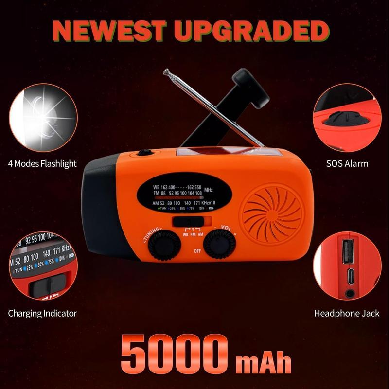 18500mWh Weather Emergency Radio, Portable Solar AM FM NOAA Hand Crank Radio, Cell Phone Charger with SOS, 1W LED Flashlight, Headphone Jack, Power Bank for Emergency Preparedness (5000mAh Orange)