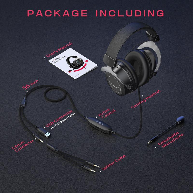 Fifine H3 RGB Gaming Headsets,Comfortable Over-Ear Headphones with Microphone,Wired Audio Jack Connection,Leather Passive-Noise-Cancelling Earcups, Gamer Headset for PC PS4 PS5 Xbox