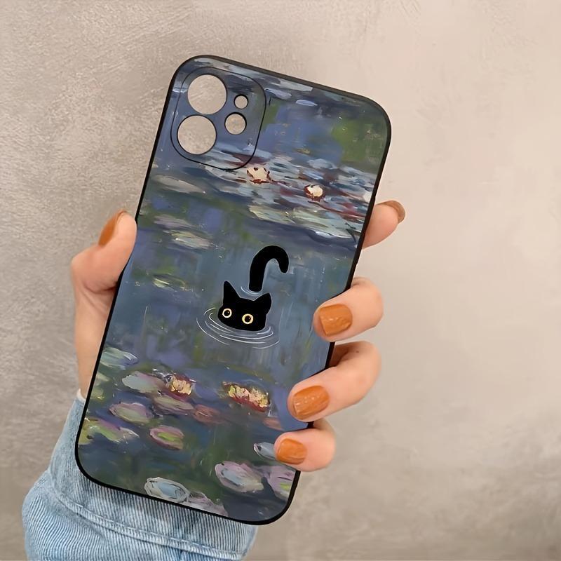 Black Cat & Lotus Pond Pattern Phone Case, Oil Painting Pattern Decorative Phone Protective Cover, Phone Accessories Compatible with iPhone Series