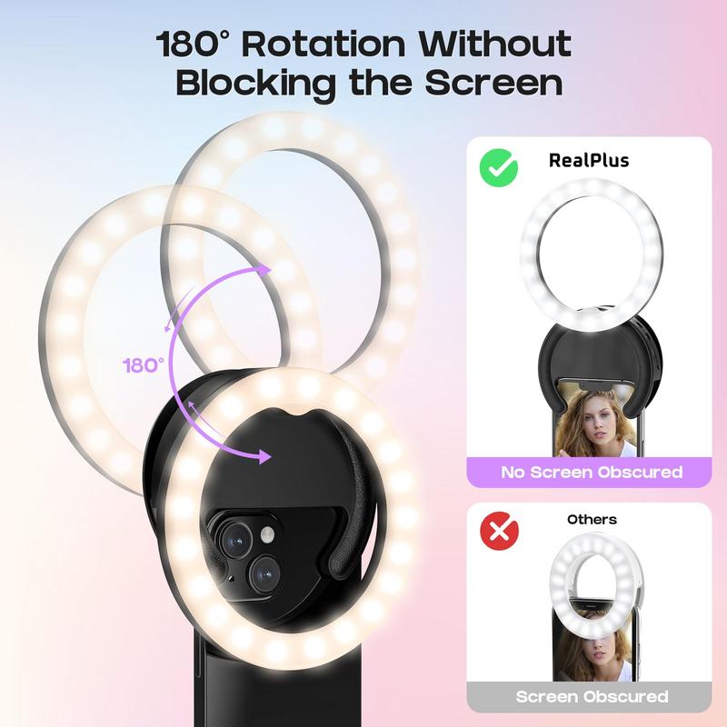 Rotatable Selfie Ring Light, USB Rechargeable Clip-on Ring Light with 3 Color Temperatures, Camera Accessories for Photo & Video