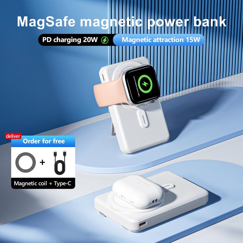 10000mah Multi functional magnetic suction fast charging power bank with holder for smartphone, iphone16, airpods, I -watches Device Wireless Cable Chargeable