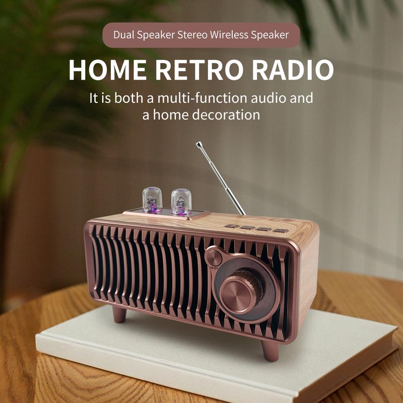 （New）T7 Retro Bluetooth Speaker, Vintage Radio Natural Wood Rotary FM Radio 20W Dual Speakers Stereo,with U Disk TF Card Aux Music Player Function,Portable Wireless Speakers for Home, Office Decor