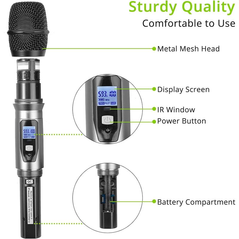 LiNKFOR Wireless Microphone System, Dual Channel UHF Cordless Microphone, 2 * 100 Channels, Portable Handheld Mics, 328ft Transmisson Range, Infrared Pairing, Ideal for Karaoke, DJ, Wedding Audio Amplifier Audio Amplifier Receiver Mother's Day Gift