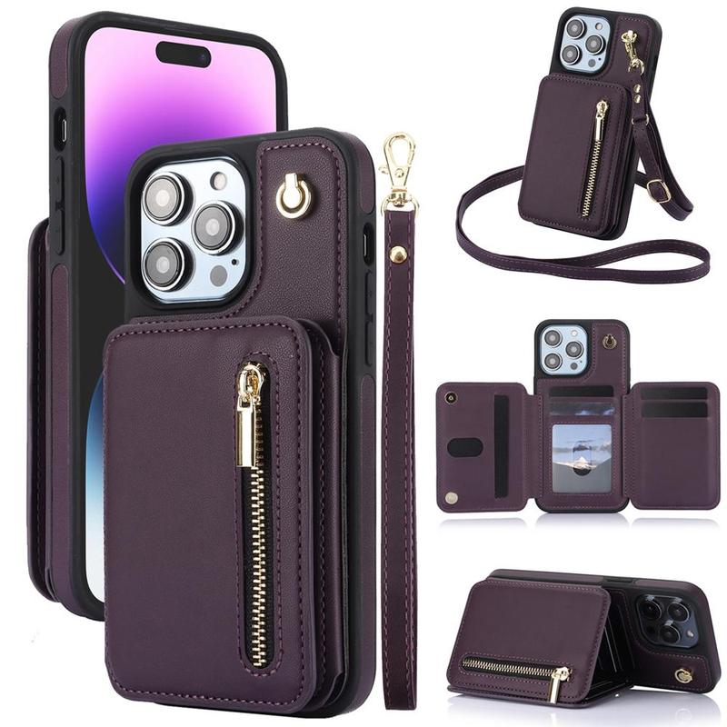 Fall PU Leather Zipper Wallet Phone Cases, Anti-fall Fully Edged Mobile Phone Cases with Lanyard, Shockproof Phone Protective Cover for iPhone 15 Pro Max Cases 14 13 12 iPhone 11 Cases, Cute Phone Cases